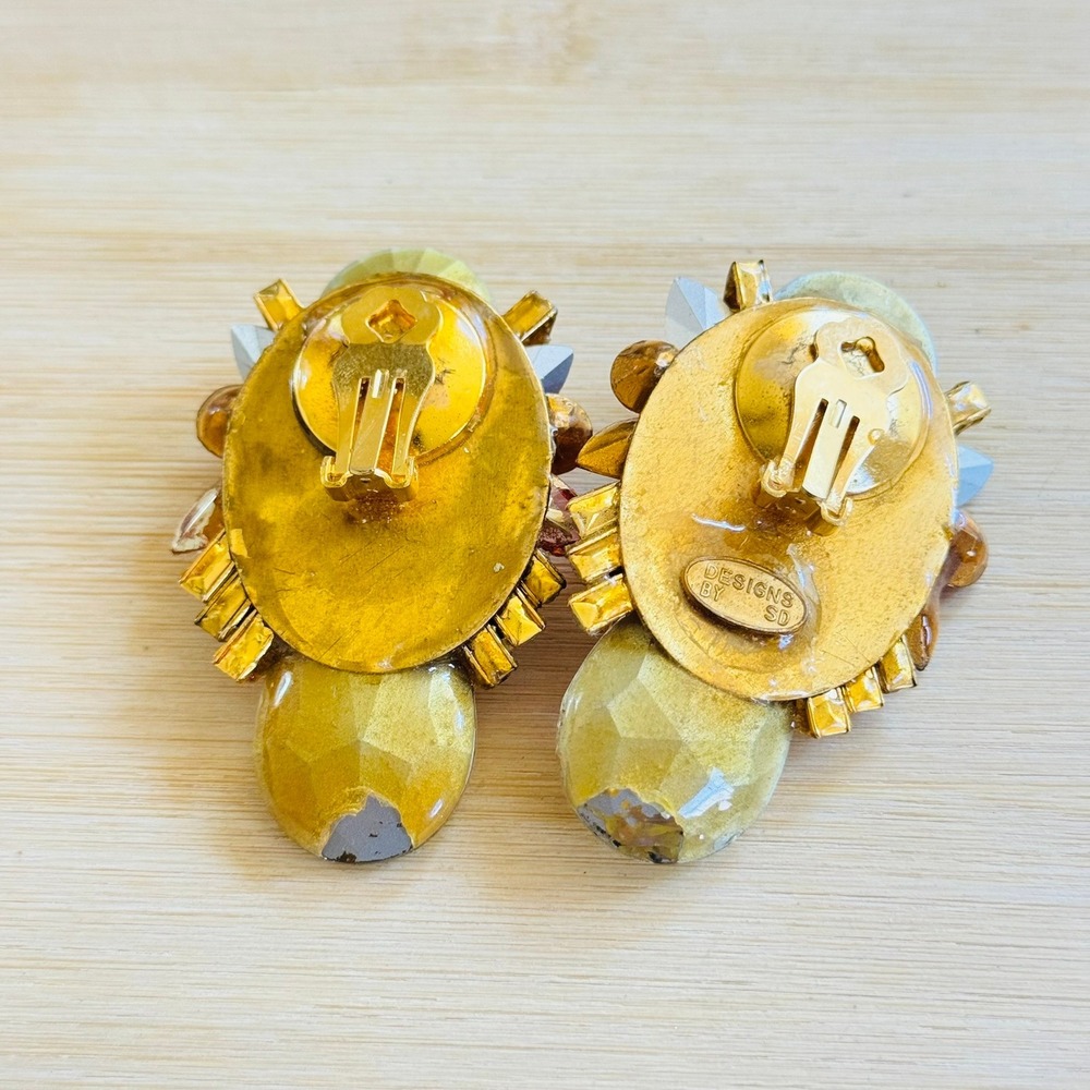 VTG Designs By SD Heart Earrings Austrian Crystal rhinestone Clip Iridescent 80s - Picture 4 of 6